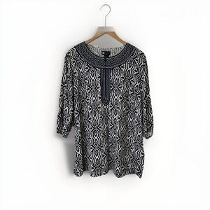 Carole Little Womens Tunic Top 2X Linen Blend Black White Embroidered V Neck Vtg